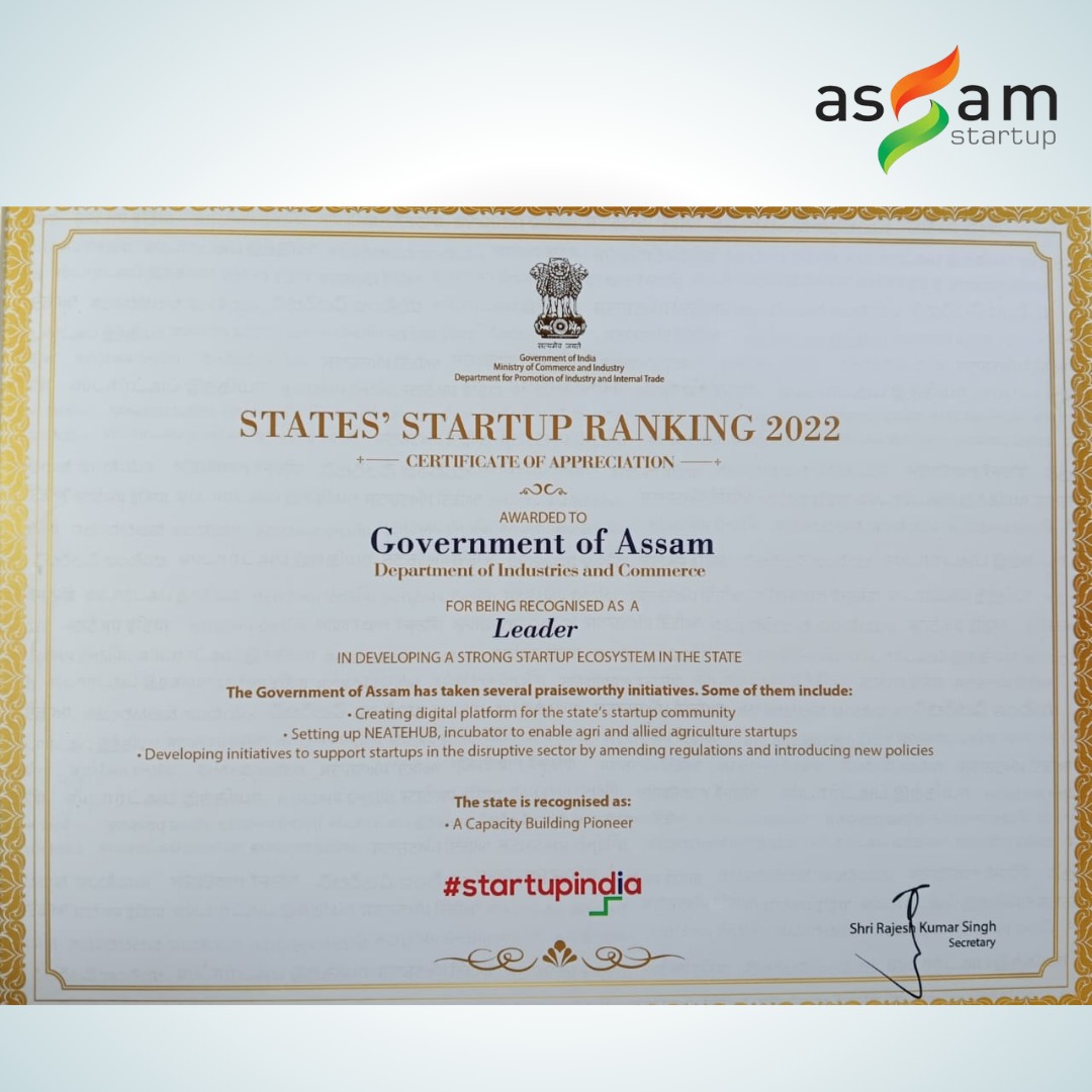 Assam has been recognized as a “Leader” in Category A of the State’s Startup Ranking 2022 by Startup India